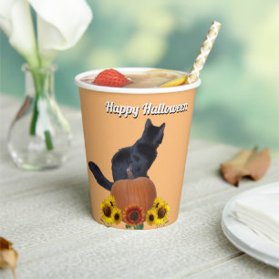 Gobelets En Papier Black Cat Pumpkins Sunflowers Halloween Orange