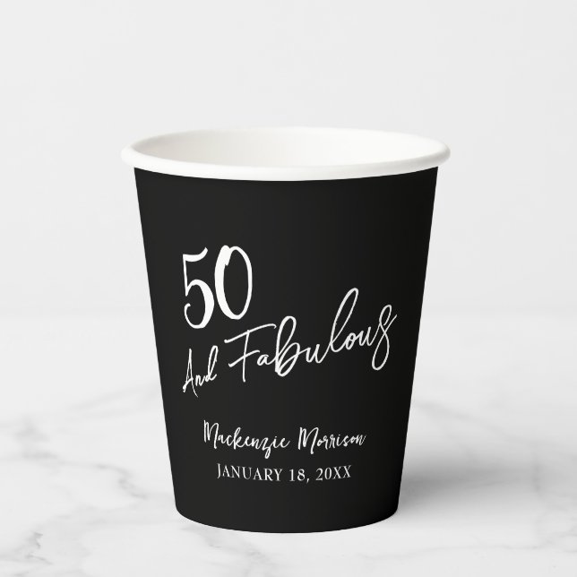 Gobelets En Papier Black Fifty and Fabulous Script Birthday Party (Recto)