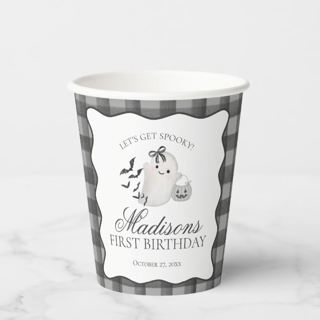 Gobelets En Papier Black Gingham Little Boo Ghost Birthday Coffee (Recto)