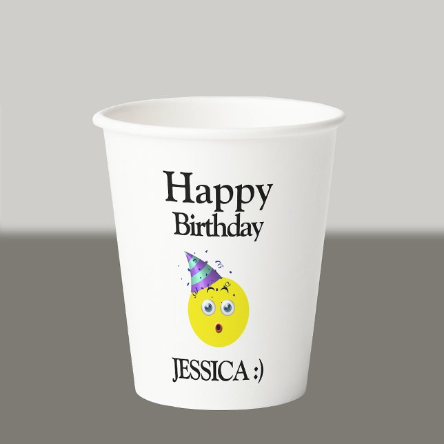 Gobelets En Papier Black Jaune Blanc Joyeux Emoji Anniversaire (Créateur téléchargé)