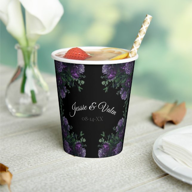 Gobelets En Papier Black Violet Floral Élégant Mariage Gothique (Insitu)