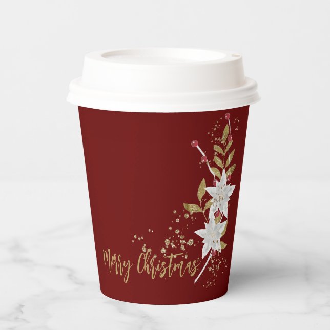 Gobelets En Papier Blanc Poinsettia Bourgogne Gold Parties scintillan (Recto)