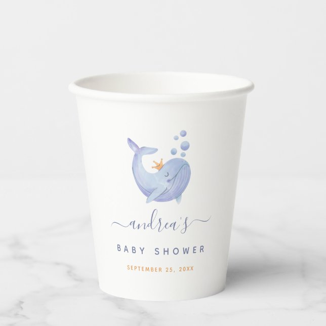 Gobelets En Papier Bleu Aquarelle Baleine Baby shower marin (Recto)