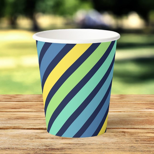 Gobelets En Papier Bleu bleu vert jaune rayures Motif (Créateur téléchargé)