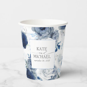 Gobelets En Papier Bleu Dusty et bleu marine Floral Botanique