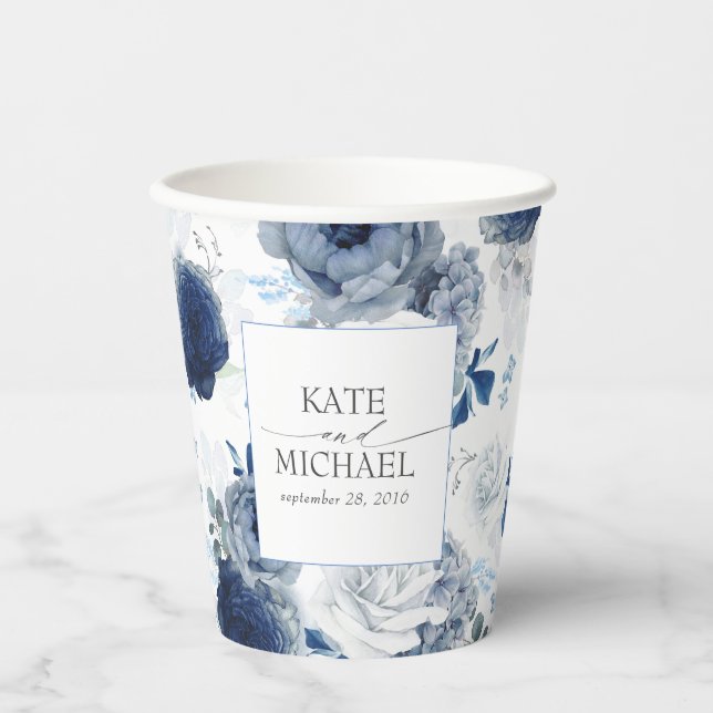 Gobelets En Papier Bleu Dusty et bleu marine Floral Botanique (Recto)