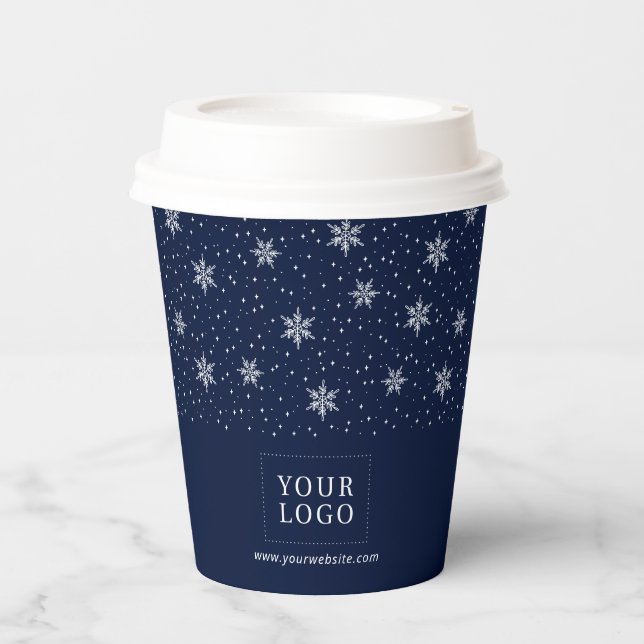 Gobelets En Papier Bleu et blanc | Logo d'affaires Vacances d'hiver (Recto)