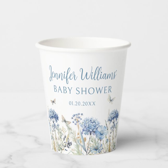 Gobelets En Papier Bleu fleur sauvage papillon baby shower tasses en  (Recto)