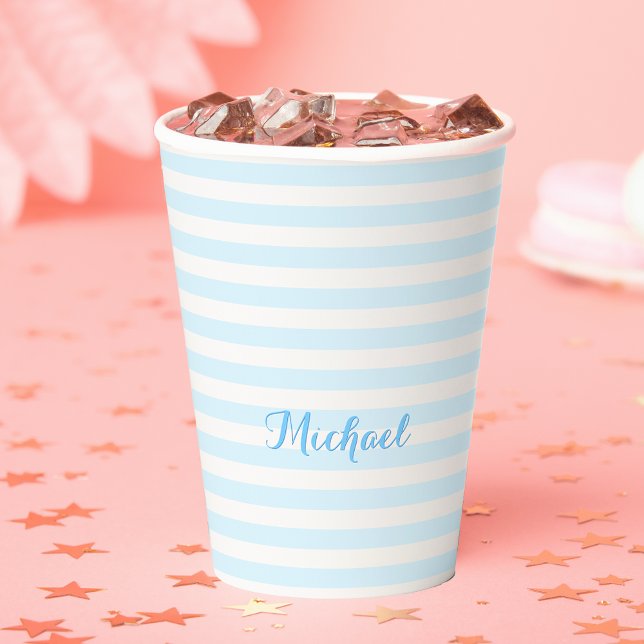 Gobelets En Papier Bleu Moderne Bleu Stripes Élégante Typographie Mon (Modern Blue Stripes Elegant Monogrammed Typography Paper Cups)