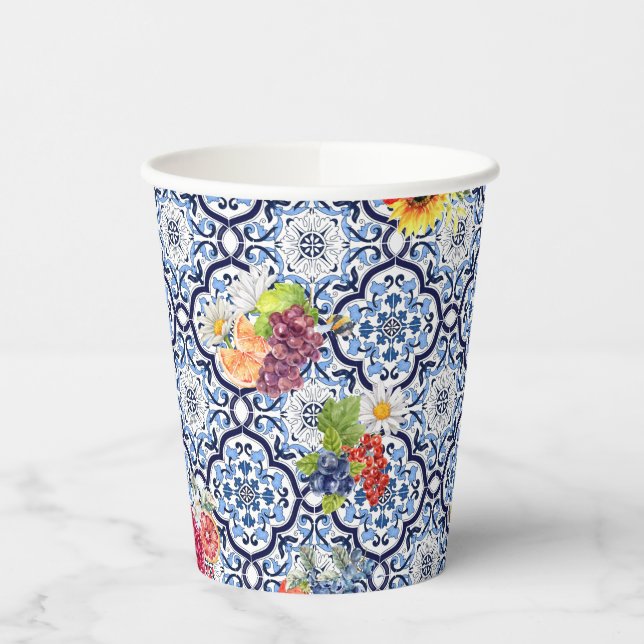 Gobelets En Papier Bleu Orné Fruité Florale Baies Carreaux siciliens (Gauche)