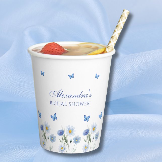 Gobelets En Papier Bleu papillon Floral Fleur sauvage Fête des mariée (Créateur téléchargé)
