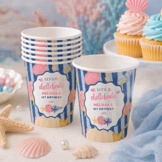 Gobelets En Papier Bleu Rose Sous L'océan Coquillage Anniversaire