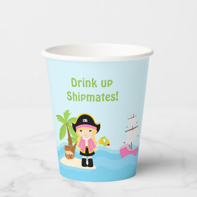Gobelets En Papier Blonde mignonne fille Pirate en rose fête d'annive (Recto)