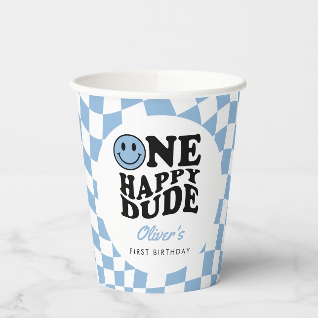 Gobelets En Papier Blue À damiers Smile One Happy Dude 1er Anniversai (Gauche)