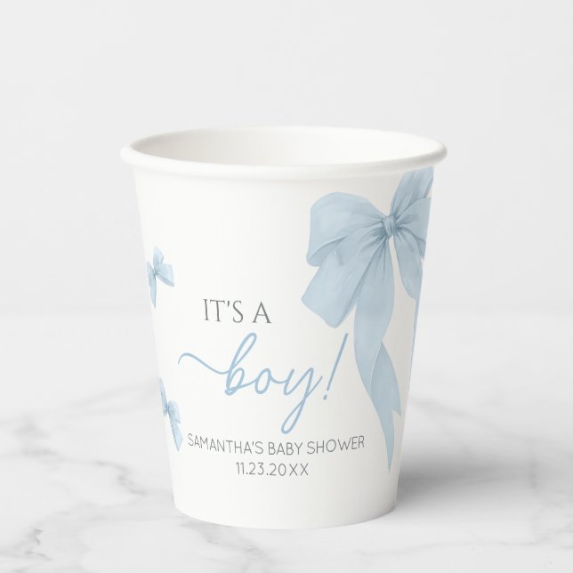 Gobelets En Papier Blue Bow C'Est Un Baby shower Garçon (Recto)