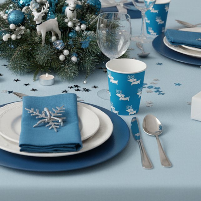 Gobelets En Papier Blue Dachshund Fête de Noël à thème (Dachshund Christmas Themed Party Supplies - Blue & White)