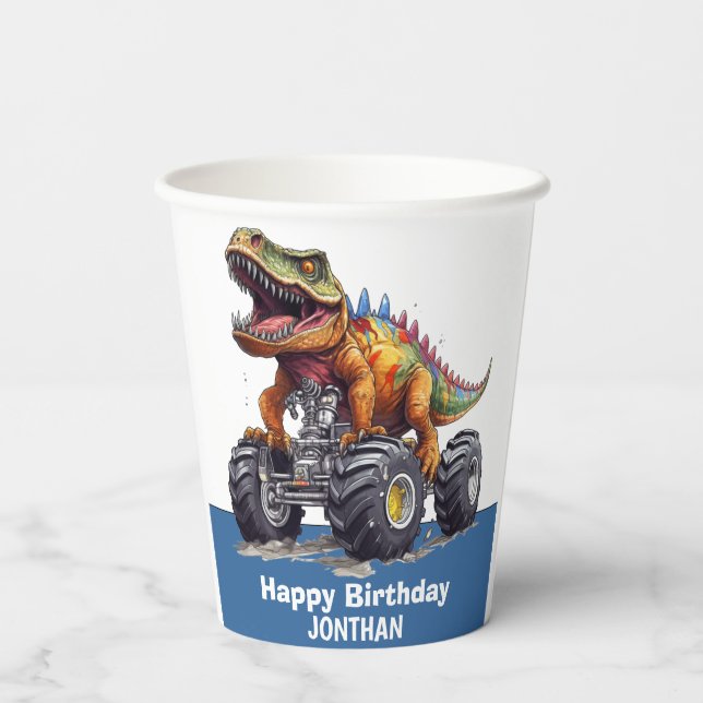 Gobelets En Papier Blue Dinosaur T-Rex Monster Truck thème (Verso)