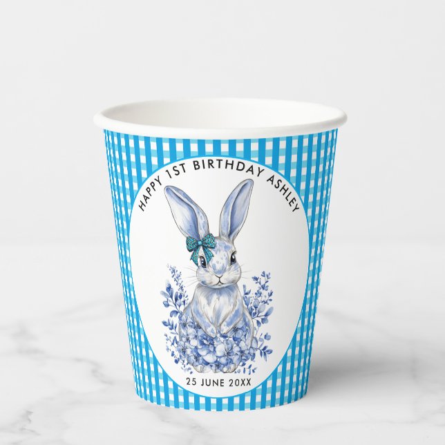 Gobelets En Papier Blue Floral Rabbit 1er anniversaire pour les enfan (Recto)