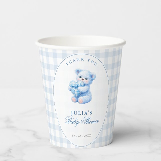 Gobelets En Papier Blue Gingham Teddy Bear Neutral Baby Shower (Verso)