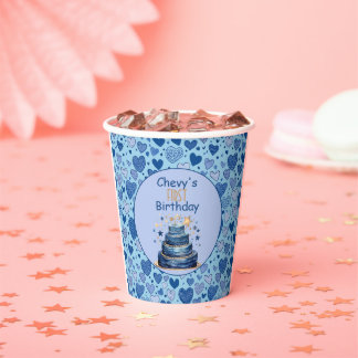 Gobelets En Papier Blue Hearts Blue Birthday Cake First Birthday  