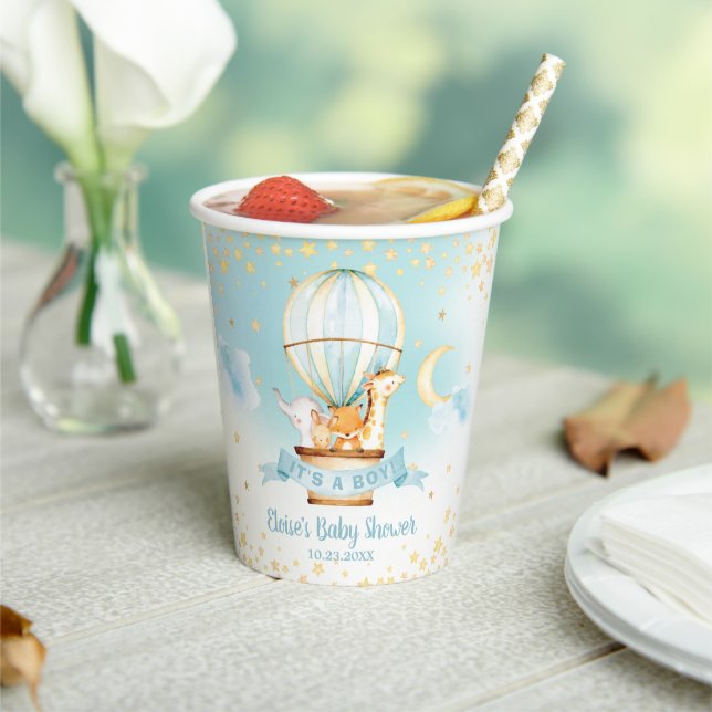 Gobelets En Papier Blue Hot Air Balloon mignonne Animaux Baby shower  (Insitu)