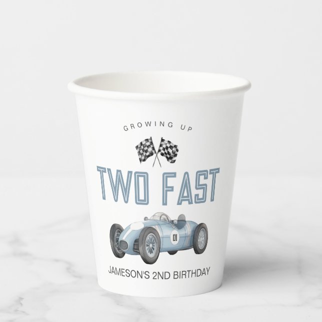 Gobelets En Papier Blue Race Car Deux Fast 2e anniversaire fête (Recto)