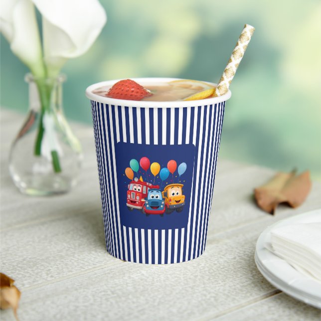 Gobelets En Papier Blue Striped Truck Birthday Theme (Insitu)