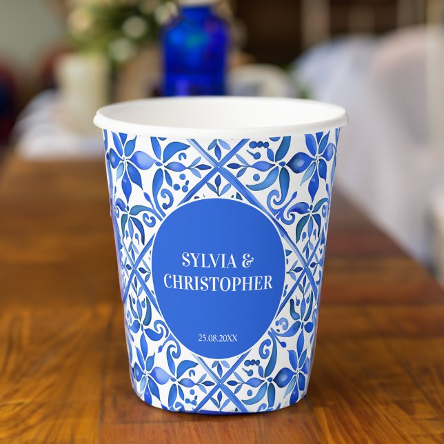 Gobelets En Papier Blue Talavera espagnol tuiles mariage monogramme (Vintage Blue Talavera Spanish Mexican tiles wedding  monogram personalized printed Paper Cups)