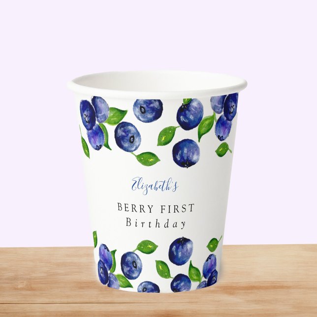 Gobelets En Papier Blueberry Berry Premier Anniversaire Aquarelle mig (Créateur téléchargé)