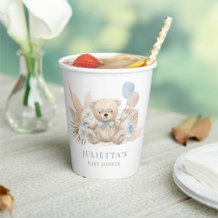 Gobelets En Papier Boho Boy Teddy Bear Baby shower Décorations de fêt