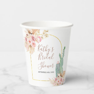 Gobelets En Papier Boho Cactus Fleurs roses Coupes en papier blanc