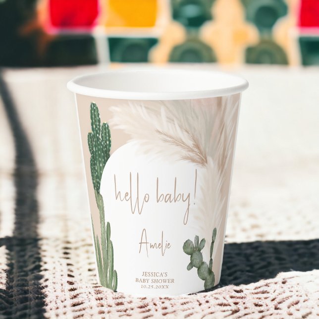 Gobelets En Papier Boho cactus pampas arc baby shower bonjour (Boho cactus pampas arch hello baby shower paper cups)