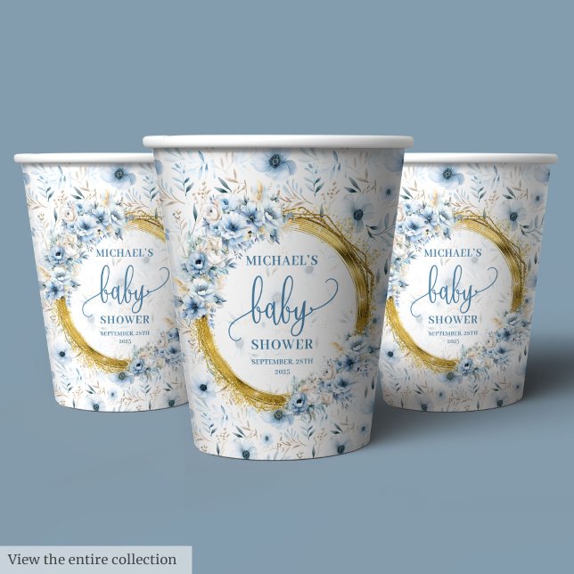 Gobelets En Papier Boho dainty bleu poussiéreux aquarelle fleurs or (Dainty boho dusty blue watercolor flowers gold paper cups)