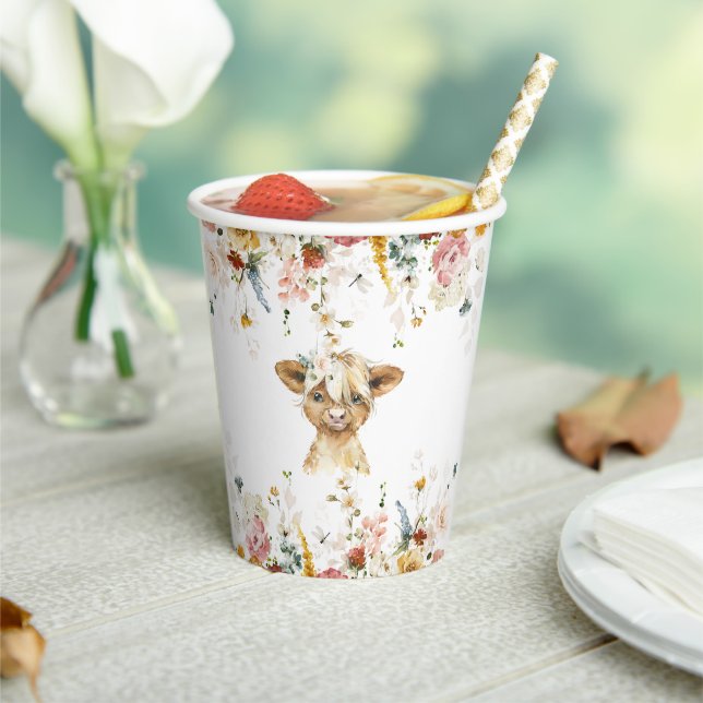 Gobelets En Papier Boho Floral Highland Cow (Insitu)