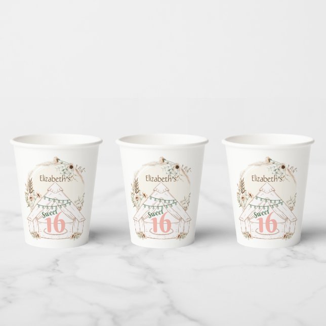 Gobelets En Papier Boho Glamping Sweet 16 tasses de papier fête d'ann (Multi)