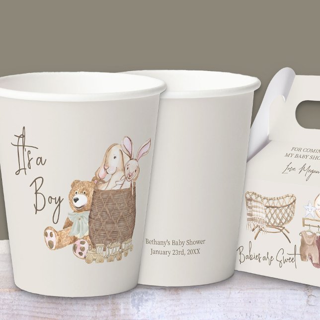 Gobelets En Papier Boho Nursery Teddy Bear Custom Neutral (Custom paper cups with editable wording from my Boho Nursery baby shower Collection)