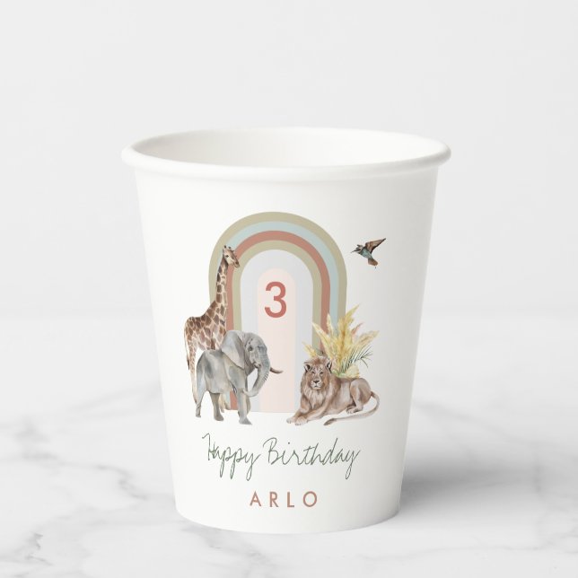 Gobelets En Papier Boho Safari Animaux & Arch Anniversaire (Recto)