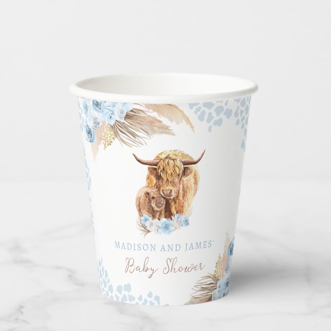 Gobelets En Papier Boho Saint Vache Bleu Pampas Baby shower Garçon en (Recto)