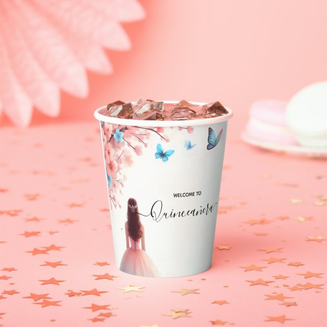 Gobelets En Papier Bois Fille rose cerise fleurs Quinceanera (Insitu)