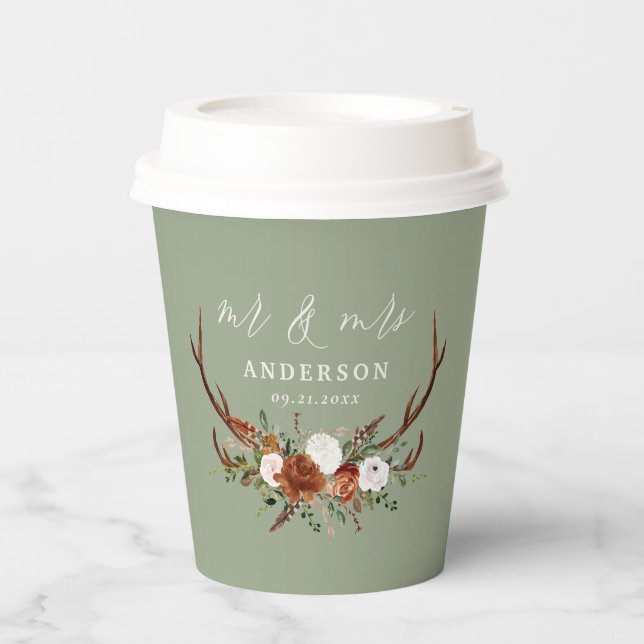 Gobelets En Papier bois rustique floral sauge vert cerf mariage (Recto)