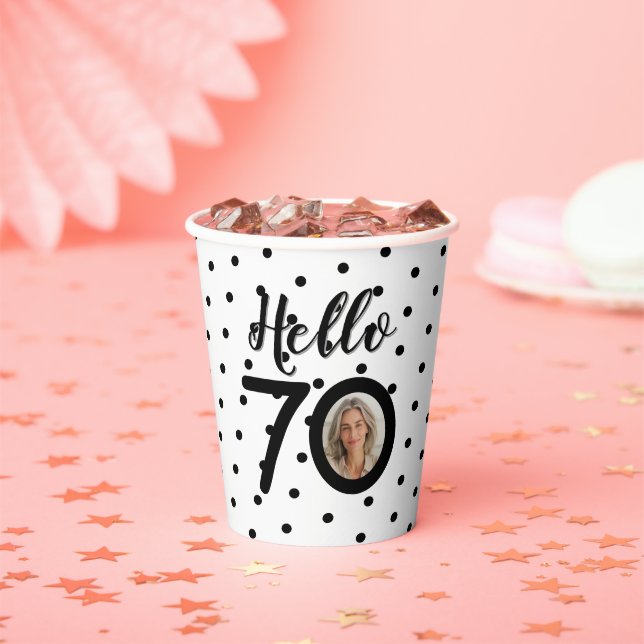 Gobelets En Papier Bonjour 70 points noirs et blancs Photo Anniversai (Insitu)