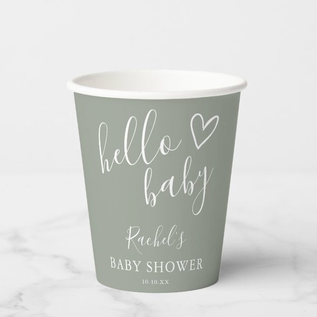 Gobelets En Papier Bonjour Baby shower Genre Neutre Boho Sage Green (Recto)