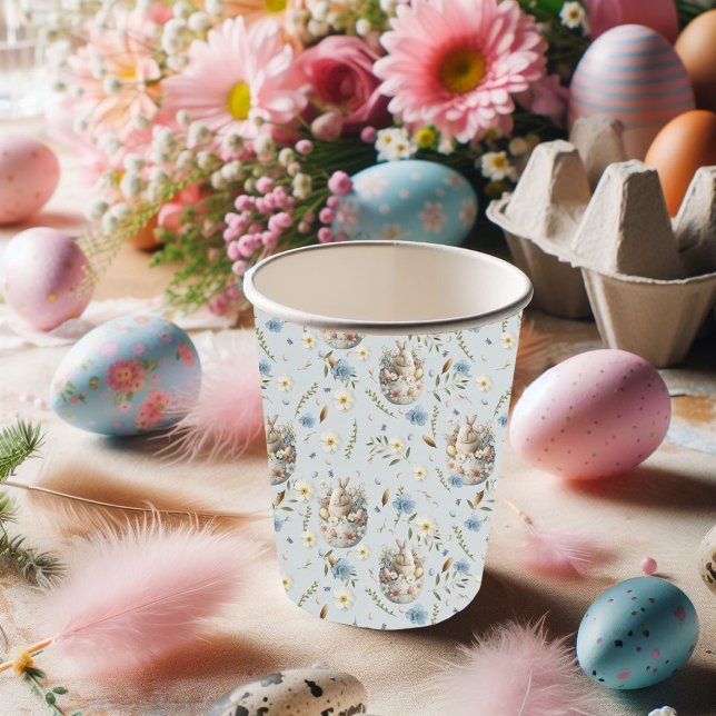 Gobelets En Papier Bonne fête de Pâques Bunny célébré bleu (Créateur téléchargé)