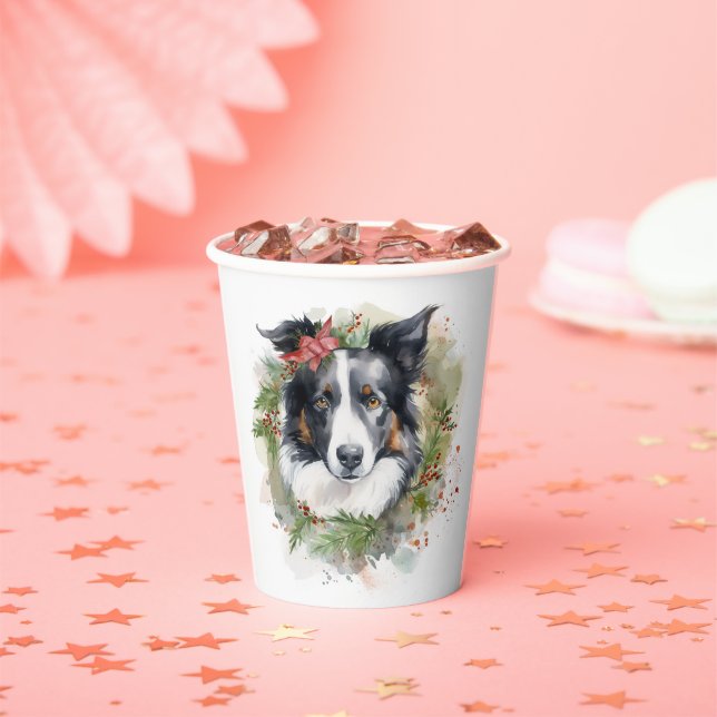 Gobelets En Papier Bordure Collie Fête de Noël Wreath Pup (Insitu)