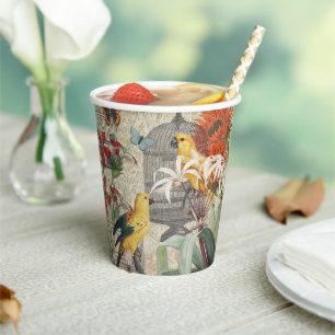 Gobelets En Papier Botanique Vintage Oiseaux Nature Antique Tropicale