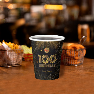 Gobelets En Papier Boule de disco paillettes or noir 100e anniversair