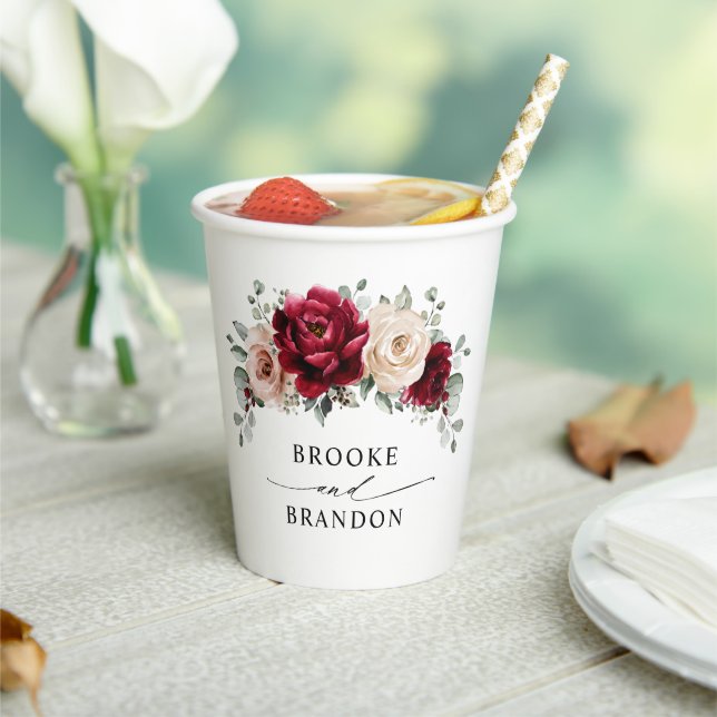 Gobelets En Papier Bourgogne Champagne Ivory Mauve Rose Floral Mariag (Insitu)