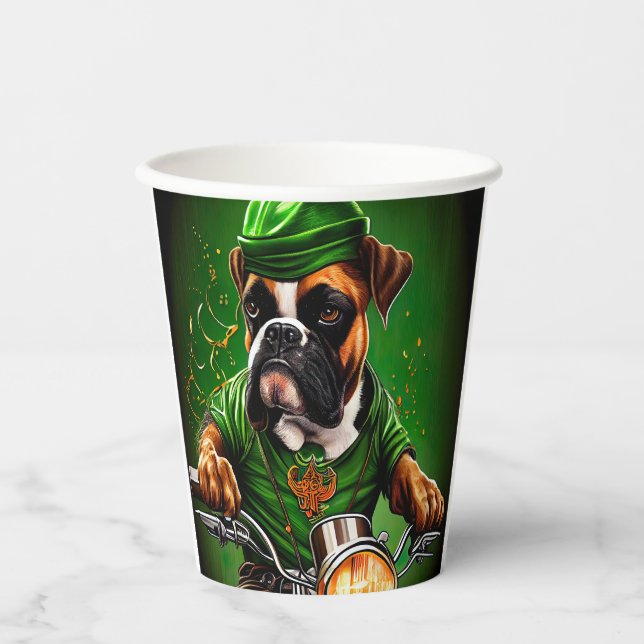 Gobelets En Papier Boxer Chien Conduite Vélo St. Patrick's Day (Recto)