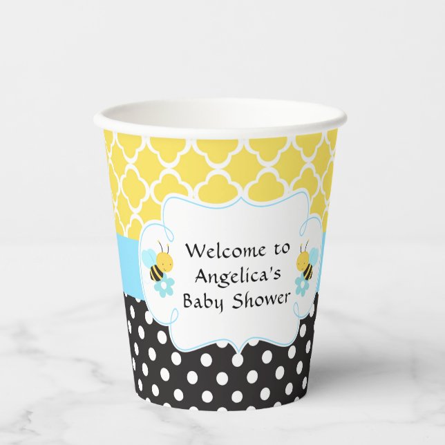 Gobelets En Papier Boy Bumble Bee Jaune et Baby shower noir (Recto)