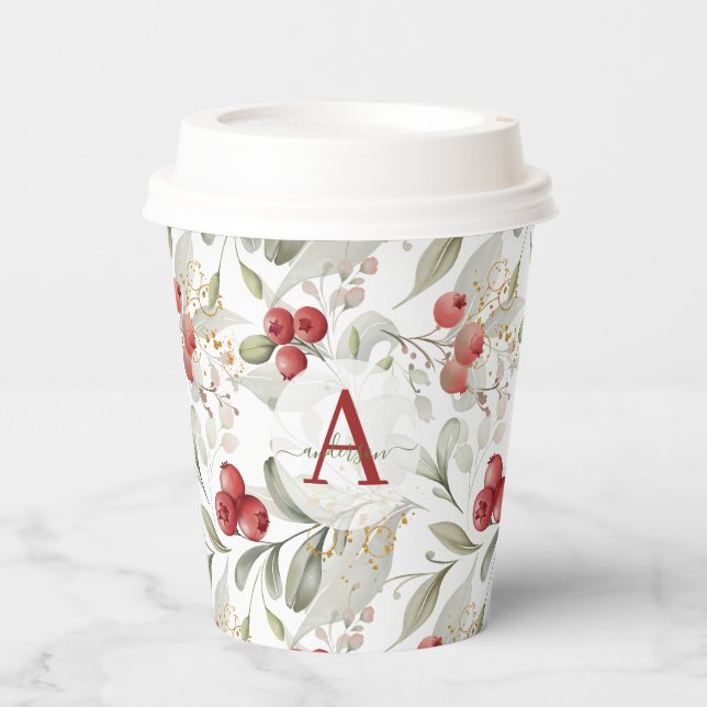 Gobelets En Papier Branches de canneberges de Berry Rouge Monogramme  (Recto)